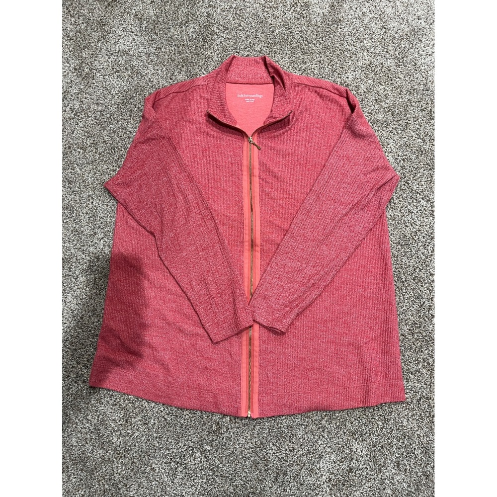 Soft Surroundings Coral‎ Red Ribbed Full Zip Cardigan Sweater Petite XL 3EL32